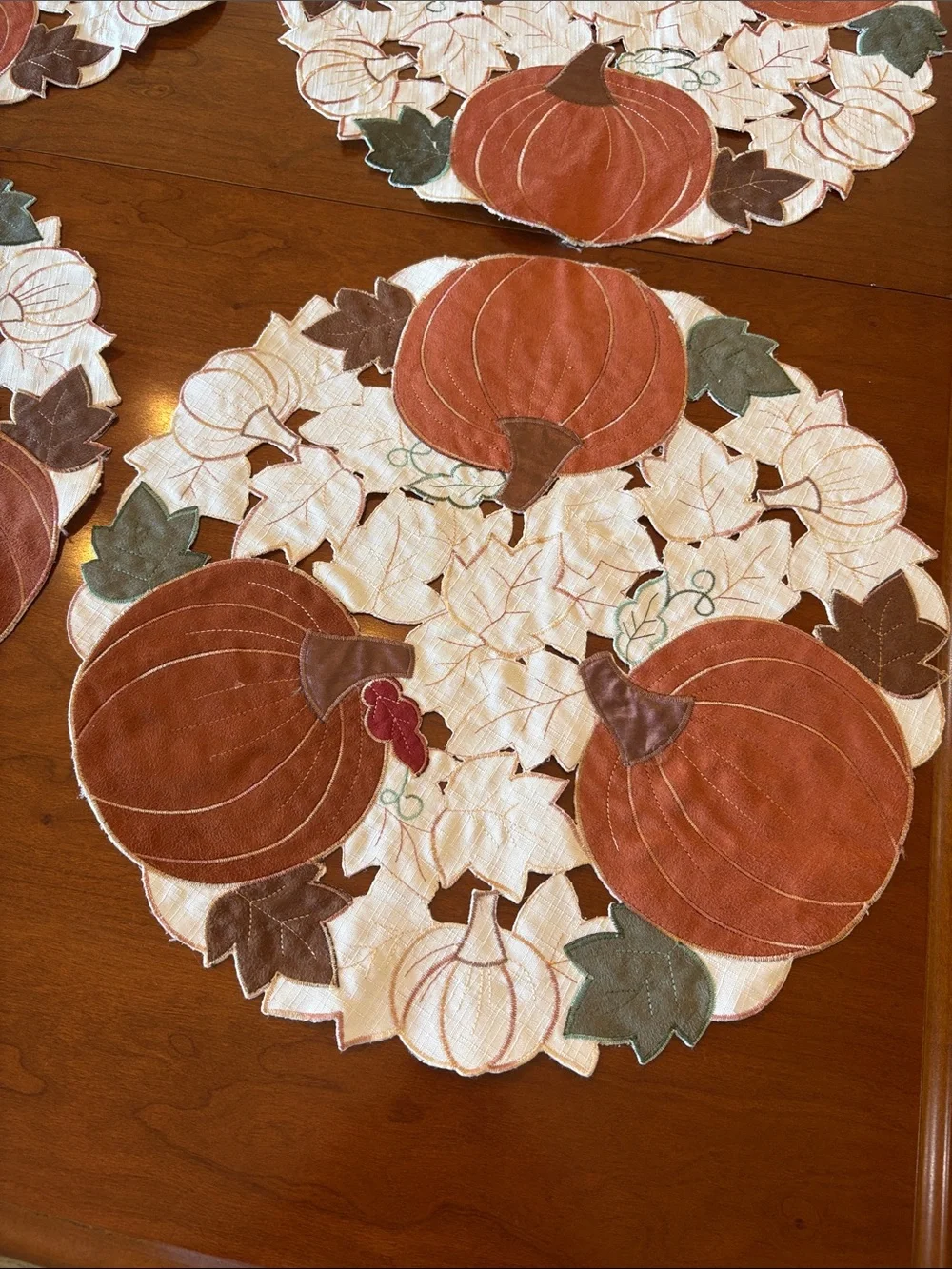 6 Round Placemats-Autumn Pumpkin Cutwork Placemat Set - Orange & Cream